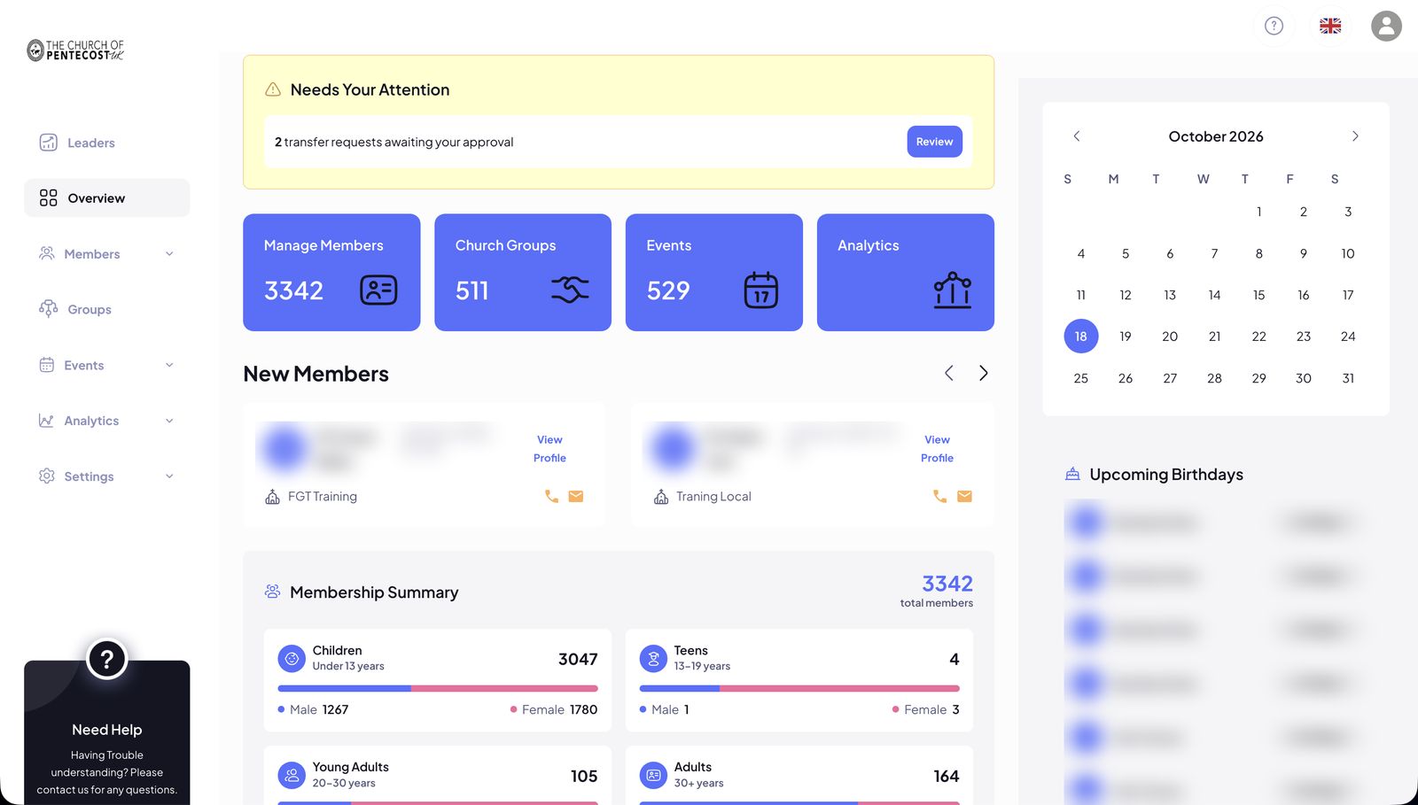 Church Management System overview screen: transfer approvals, member, group and event totals, and a membership summary by age group.