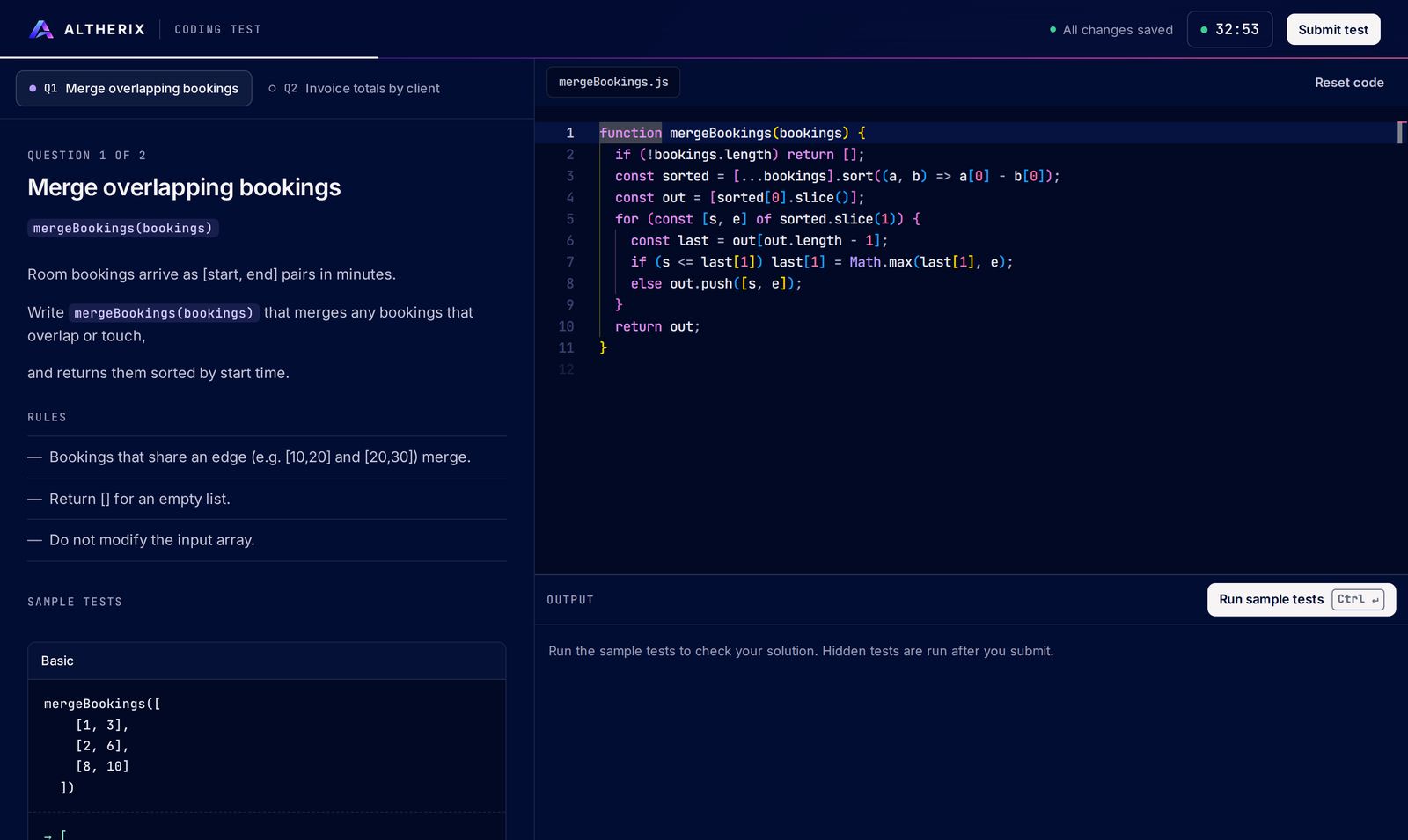 CodeGate candidate screen: the question and rules on the left, a code editor with the candidate's solution on the right, a countdown timer and a Submit button.