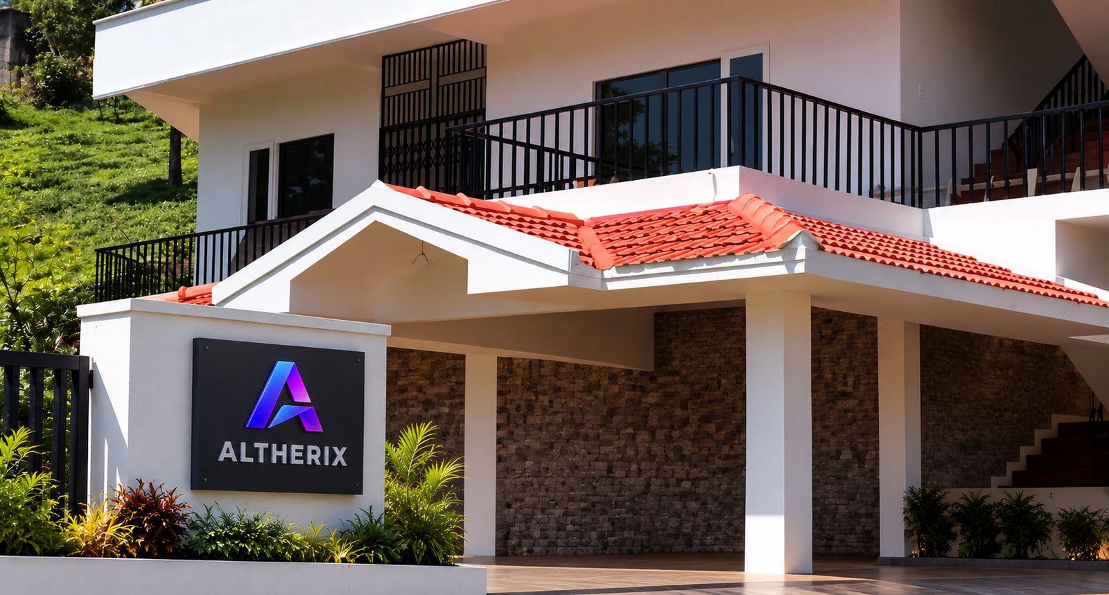 The Altherix office building with the Altherix sign at the entrance, set against green hillside.