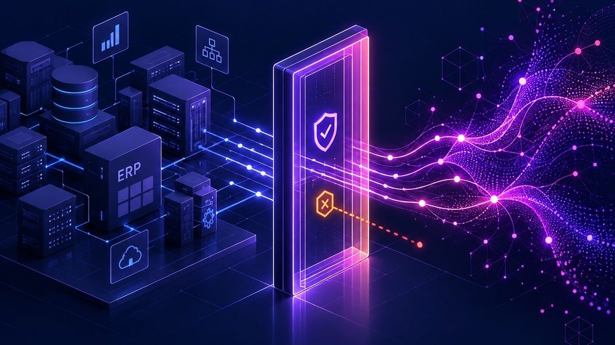 Illustration: business systems on one side and an AI agent on the other, connected through a gate where some requests pass and one is held for approval.